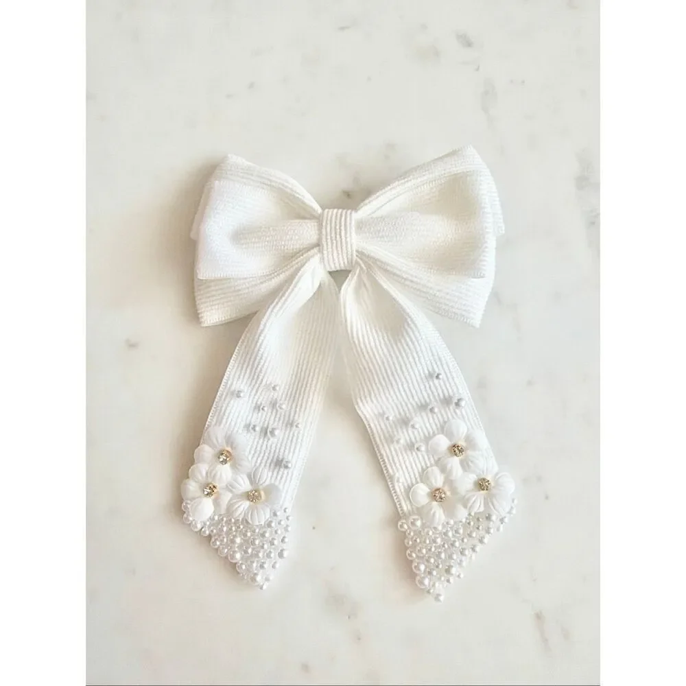 White Pearl Floral Ribbon Hair Bow Clip | Romantic Bridal Coquette